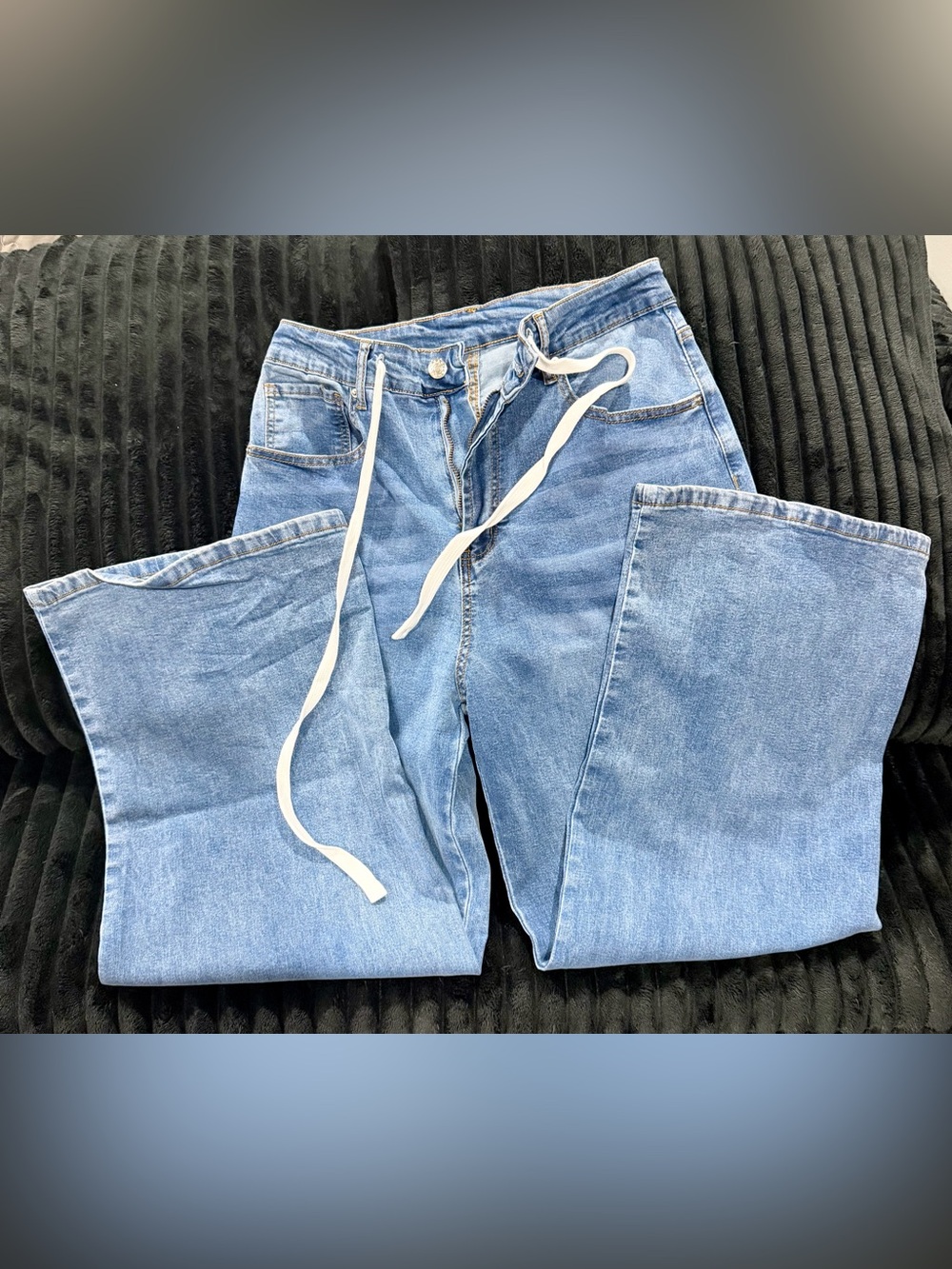 Light Blue Wide Leg Draw String Relaxed Fit Jeans